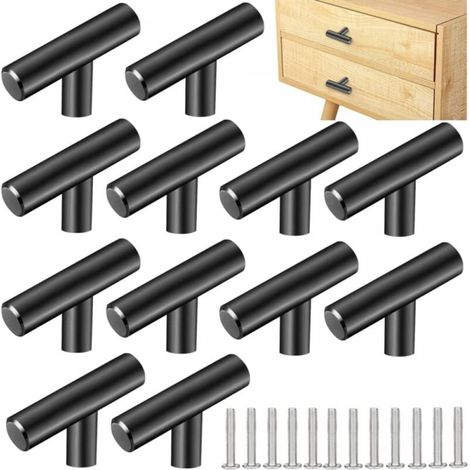 Set Aus 12 Küchenschrankgriffen Aus Edelstahl, 50 X 31 Mm, Silberfarben, T-förmig, Mit Einzelloch, Für Schubladen, Inklusive 12 Schwarzer Schrauben