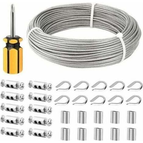Edelstahlseil 3mm, 50m/3mm Edelstahlseil, Ummanteltes Stahlseil Mit Seilklemmen, M3 Hülsen, Edelstahl-ösen, 3mm Metalldraht Für Wäscheleine, Geländerseil