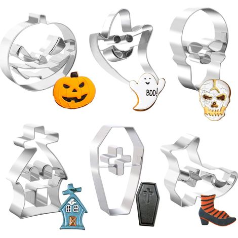 6er-set Edelstahl-ausstechformen Für Halloween: Kürbis, Totenkopf, Geist, Spukhaus, Stiefel Und Sarg, Für Halloween-party-dekoration
