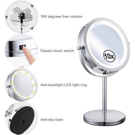 Beidseitiger Beleuchteter Vergrößerungsspiegel 10x – 360° Drehbar – Hochwertiges Optisches Glas – Für Make-up Und Gesichtspflege