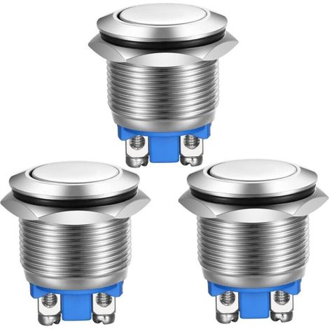 3 Stück Momentaner Drucktaster Mit Schraubklemmen Aus Edelstahl, Wasserdichter Knopf 19mm 2a 12v/24v/125v/250v (flacher Kopf)