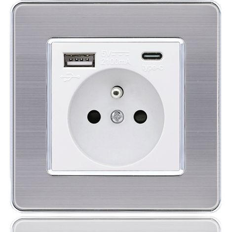 Usb- Und Typ-c-steckdosenleiste 16a – 2 Steckdosen + 1 Usb-anschluss + 1 Typ-c-anschluss – Edelstahl – Schnelle Installation – Europäische Norm
