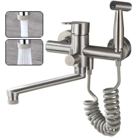 Wandmontierte Küchenarmatur Aus Lebensmittelechtem Edelstahl 304, Mit Handbrause Und 2 Strahlarten, Schwenkbarer Spültischarmatur Mumu 36