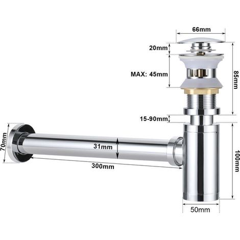 Bonde + Waschbeckensiphon Push & Pop-up Mit Überlauf, Wandablauf Aus Verchromtem Messing, Universelles Abflussset, Badezimmerzubehör - Chrom