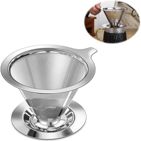 Dauerhafter Kaffeefilter Mit Ständer, Wiederverwendbarer Edelstahl-kaffeefilter, Konischer Filterhalter Mit Doppelgitter, Papierloser Kaffeefilter, Ideal Zum Filtern Von Filterkaffee, Silber