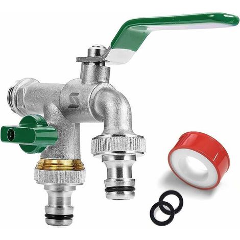Gartenhahn, Doppelanschluss-hahn 1/2 Zoll, Aus Messing, Rost- Und Frostbeständig, Mit 2 Kostenlosen Schlauchanschlüssen, 1 Rolle Dichtband, Doppelnippel Und Schlauchende