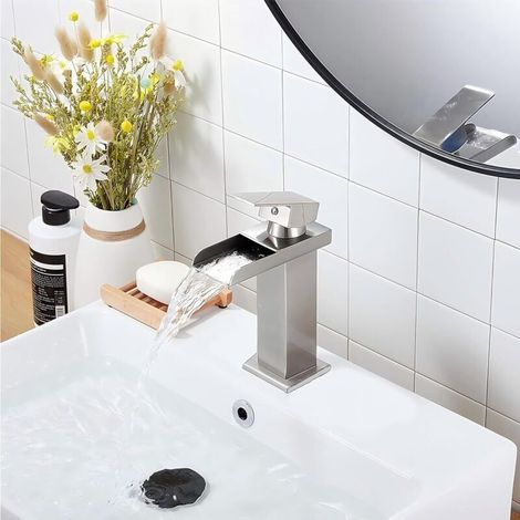 Edelstahl-wasserhahn Mit Kaskadenstrahl Für Das Badezimmer, Heiß- Und Kaltwasser-auslauf, Einhebel-waschbeckenmischer (gebürstet)