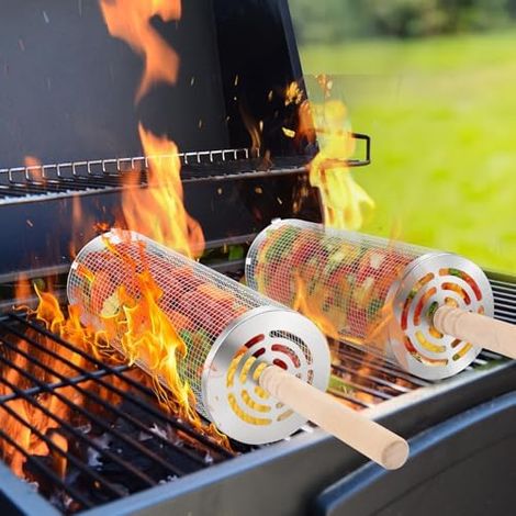 Landrip Grillkorb Mit Rollen, Abnehmbarer Holzgriff, Aus Edelstahl, Grillzubehör Für Gemüse, Garnelen, Camping, Outdoor, Geschenk Für Männer
