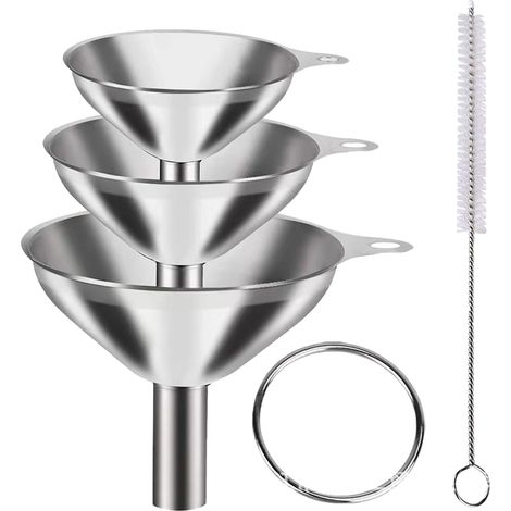 Set Aus Drei Silbernen Trichtern + 1 Reinigungsbürste, Hängender Ölausgießer Für Die Küche, Große Und Kleine Weintrichter