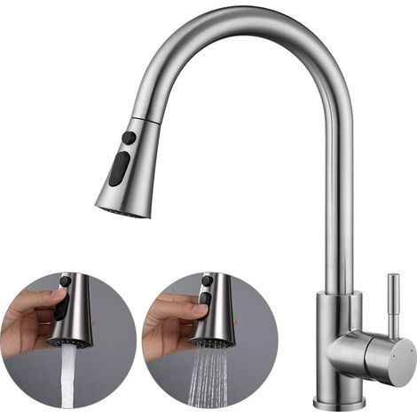 Ausziehbare Küchenarmatur Mit Brausekopf, Hochdruck-küchenarmatur Mit 2 Wasserstrahlarten, 360° Drehbarer Spülenmischer, Küchenmischer (silber)