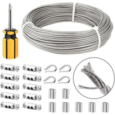 Edelstahlseil 3mm, 50m/3mm Edelstahlseil, Ummanteltes Stahlseil Mit Seilklemmen, M3 Hülsen, Edelstahl-kabelschuhe, 3mm Metalldraht Für Wäscheleine, Geländerseil
