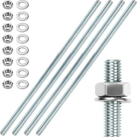 4 Stück Gewindestangen M10 Verzinkt M10 X 300 Mm Vollgewindebolzen Komplett Mit Muttern Und Unterlegscheiben Silber