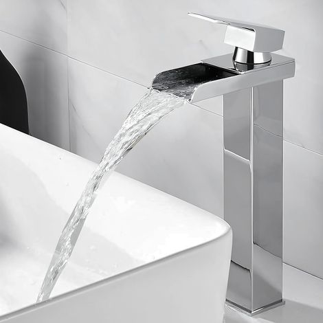 Kaskaden-waschbeckenmischer, Hoher Auslauf Für Aufsatzwaschbecken, Chrom-edelstahl-körper, Modernes Design