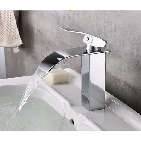 Waschtisch-wasserhahn Aus Messing, Flaches Kaskaden-design, Auf Dem Beckenrand Montiert, Einhandgriff, Einlochinstallation, Badezimmer-waschbecken, Mischbatterie