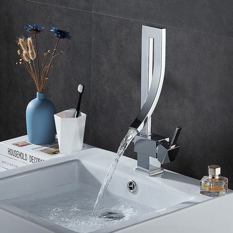 Wasserhahn Aus Messing, Beckenarmatur, Modischer Stil, Schlichtes Design, Wasserfall-beckenarmatur, Warm/kalt, Badezimmer-wasserhahn, Küchenarmatur (silber)