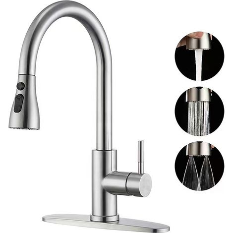 Silberne Küchenarmatur Mit Einzelsockel Und Einhebelgriff, Hochbogiges Design Mit Ausziehbarer Brause Für Küchenspülen.