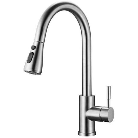 Edelstahl-küchenarmatur Mit Ausziehbarer Brause, Einhebelige Hochbogen-spültischarmatur In Gebürstetem Nickel