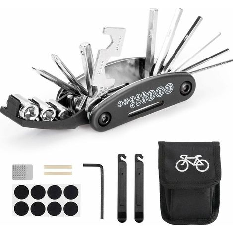 Multifunktionales Fahrradwerkzeug, 16-in-1-werkzeuge Für Tragbare Fahrradwerkzeugtaschen Mit Kettenwerkzeug Und Reifenheber, Selbstklebender Fahrradflicken Usw.