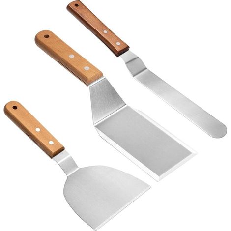 3-teiliges Set Professioneller Plancha-spateln Mit Holzgriff – 26 Cm Steakspatel Aus Edelstahl Mit Schaber Und Gebogener Spatel, Silber