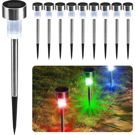 10er Set Led-solarleuchten Für Den Garten, Farbenwechselnd, Aus Wetterfestem Edelstahl, Für Außenbeleuchtung Und Wege – Wiederaufladbar Mit Dämmerungssensor