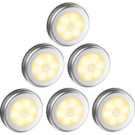 Schrank-/kleiderschrank-led-lampe, 6er-pack Schrank-nachtlichter, Led-beleuchtung Mit Bewegungsmelder Und Magnetbasis, Für Treppe, Küche, Vitrinen, Schränke (batteriebetrieben) Silber Warmlicht