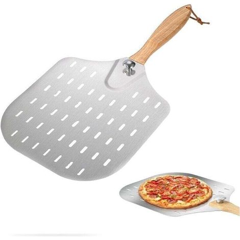 Perforierte Pizzapfanne Aus Edelstahl 36x31cm – Abnehmbarer, Hitzebeständiger Griff – Reduziert Reibung Für Knuspriges Backergebnis