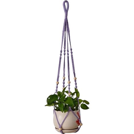 Hängender Pflanzkorb Aus Violetter Baumwollseil, 98 Cm, Mit Holzperlen, Für Innendekoration, Haken Nicht Enthalten.