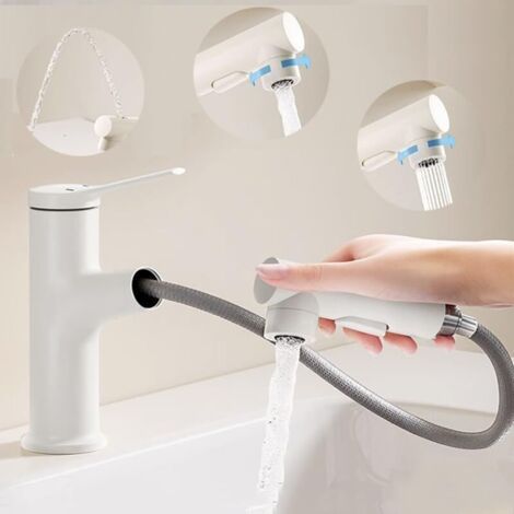 Badezimmer-wasserhahn Mit 3 Wassermodi, Ausziehbarer Warm- Und Kaltwasserhahn, Springbrunnenfunktion Mit Zulaufschlauch (mumu)