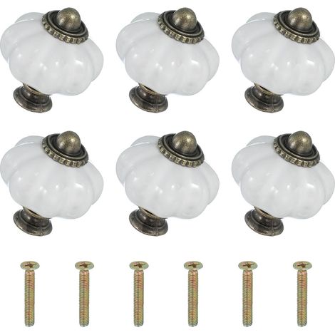 Sechs Weiße Keramikknöpfe, Jeweils 3,3 X 3,3 X 3,8 Cm, Mit Schrauben. Kürbisförmige Keramikgriffe Und -knöpfe Für Schubladen.