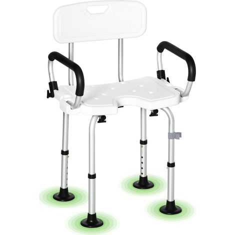 Duschstuhl, Höhenverstellbarer Duschhocker Mit Rückenlehne Und Klappbaren Armlehnen, U-förmiger Sitz, Rutschfeste Saugnapffüße, Für Senioren Und Menschen Mit Behinderungen, Aus Aluminium Und Hdpe, Wei