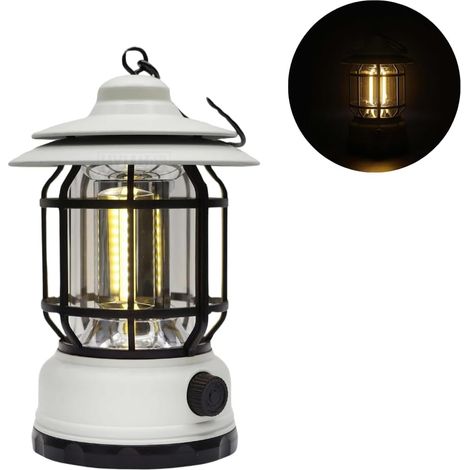 Tragbare, Wiederaufladbare Laterne Für Camping Im Freien, Warmweißes Licht, Klassischer Retro-stil, Weiß