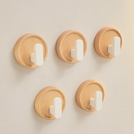 Massive Holzhaken, Weiß, 5 Türen, Eingangshaken Für Den Hausgebrauch, Selbstklebende Haken, Wandmontierte Kleiderhaken Ohne Bohren, Multifunktionale Haken