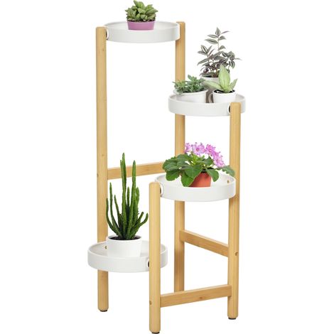 Pflanzenständer, 4-stufiges Blumenregal Aus Bambus Und Metall Für Innen- Und Außenbereich, 28 X 28 X 80 Cm, Weiß