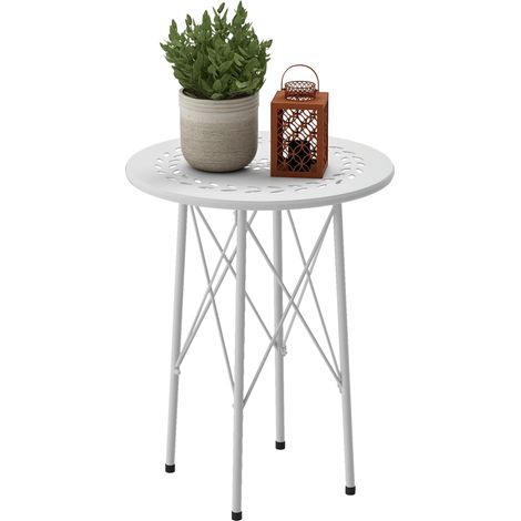 Runder Gartentisch Aus Stahl, Mit Blumen- Und Blattmuster, Verstellbare Füße Und X-struktur, Ø 40 X 50 Cm, Weiß