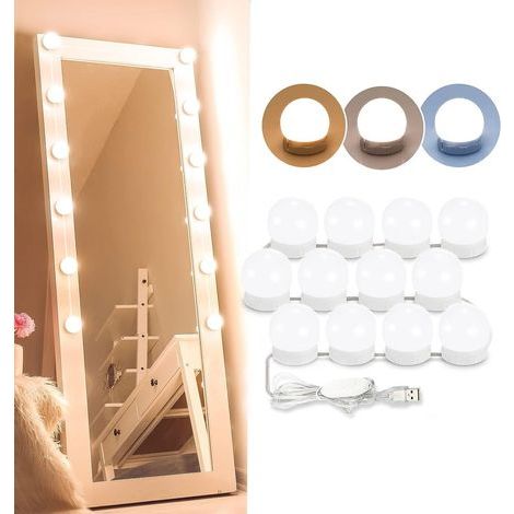 Lumière De Miroir, 12 Hollywood-glühbirnen-set, Dimmbare Led-leuchte Für Kosmetikspiegel, Badezimmer, 3 Farbtemperaturen, 10 Helligkeitsstufen Mit Adapter (spiegel Nicht Enthalten)