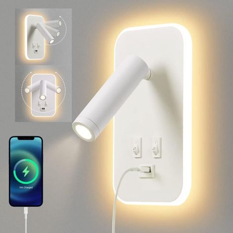 Led-wandleuchte, Nachttischlesepampe Mit Schalter, Usb-ladeanschluss, Dimmbare Ambientbeleuchtung Für Schlafzimmer (natürliches Licht 3 W + Warmes Licht 9 W) Weiß