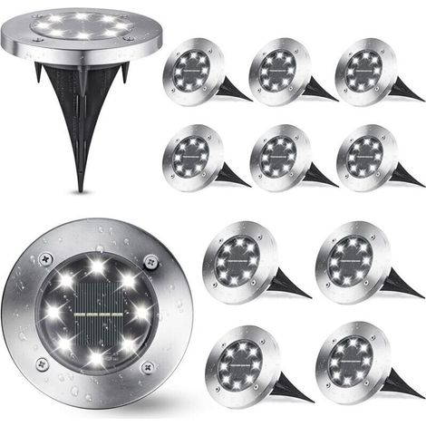 Satz Von 12 Weißen Solar-gartenleuchten, 8 Leds, 6.000 K, Wasserdicht Ip65, Eingelassene Außenbeleuchtung Für Wege, Rasen Und Terrasse