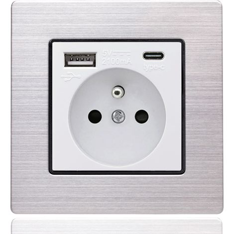 86er Steckdosenleiste Mit Zwei 16-a-steckdosen – 1 Usb- Und 1 Typ-c-anschluss – Weißer Edelstahl – Horizontale/vertikale Installation