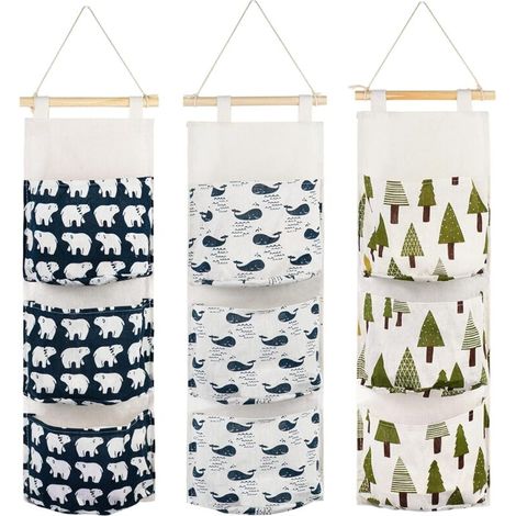 3-teiliges Hängendes Aufbewahrungstasche Mit 3 Taschen Aus Hochwertigem Stoff, Wandregal, Korb, Aufbewahrungsbeutel, Organizer Für Schlafzimmer, Badezimmer, Küche – Wasserdicht Und Elegant (bär/baum)