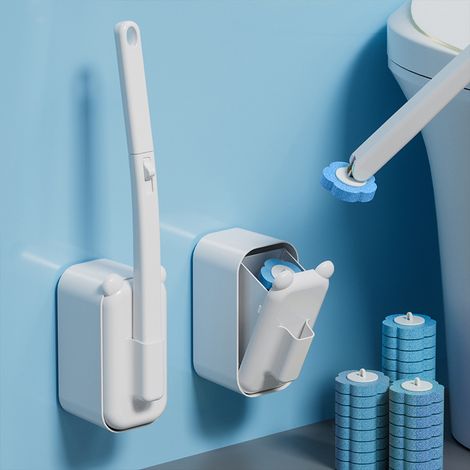 Einweg-toilettenbürste Aus Weißem Kunststoff, Länge 40 Cm, Toilettenreinigungsutensilien Mit Halterung Und 6 Ersatz-bürstenköpfen, 1