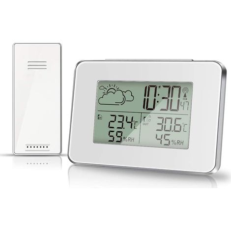 Kabellose Wetterstation Mit Hygrometer Für Innen- Und Außenthermometer, Mit Außensensor, Lcd-bildschirm, Digitaler Feuchtigkeits- Und Temperaturmonitor Mit Hintergrundbeleuchtung (weiß)