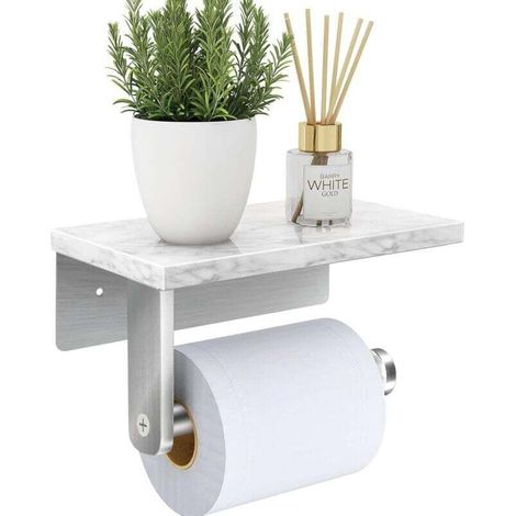 Toilettenpapierhalter Aus Naturmarmor Und Gebürstetem Nickel – Wandbefestigung Mit Schrauben – 17x10 Cm Ablagefläche Für Gegenstände – Feuchtigkeitsbeständig