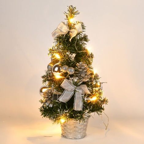 Beleuchteter Künstlicher Weihnachtsbaum, 40 Cm – Weißer Schnee – 30 Led-lichter – Tischdekoration Mit Schleife Und Tannenzapfen