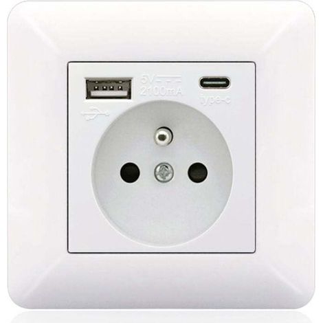 Französische Steckdosenleiste Typ-c+usb 16a, Format 86, Anzahl Der Steckplätze: 2 Löcher, Anzahl Der Usb-anschlüsse: 1, Anzahl Der Typ-c-anschlüsse: 1, Sicher Und Fest (weiß Gebogen)