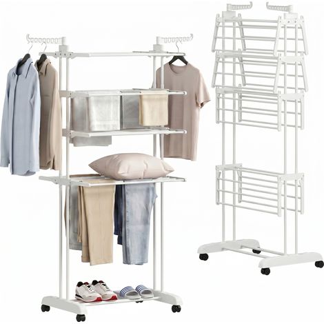 Zusammenklappbarer 5-stufiger Wäscheständer Mit Rollen, Indoor-wäscheständer Mit Seitlichen Flügeln, Stahlrahmen, Weiß