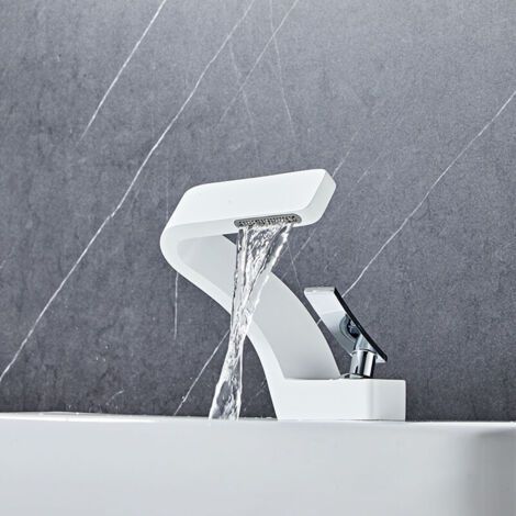 Moderne Wasserfall-badezimmerarmatur, Einhebelmischer, Messing, Badezimmerausstattung, Weiß (mit Schlauch), Mumu