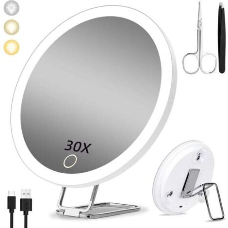30x Vergrößerungsspiegel Mit Licht, 15 Cm, 3 Farbmodi, 30x Dimmbarer Beleuchteter Make-up-spiegel, Großer Wiederaufladbarer Reise-vergrößerungsspiegel Mit 3 Saugnäpfen Und 360-grad-tischständer