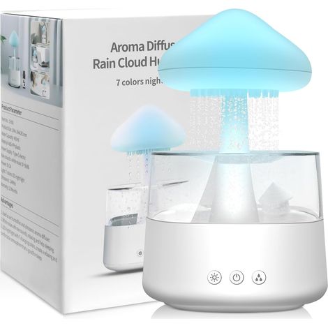 Luftbefeuchter Mit Regeneffekt 450ml – Ätherische Öle Diffusor Mit Pilzlampe, Regenwolke, 7 Mehrfarbige Leds, Leise Für Schlafzimmer, Büro, Zuhause (weiß)