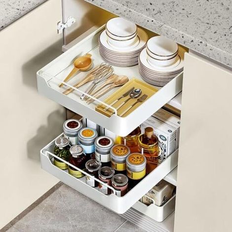 Schubladenschrank Für Die Küche, Teleskopisches Küchenregal Für Küchenschränke, Wohnzimmer, Haus (30 Cm L X 43 Cm T X 7 Cm H), Kein Bohren Erforderlich, Weiß