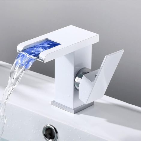 Waschbeckenarmaturen Für Badezimmer, Led-kaskaden-waschbeckenarmatur Mit Einhebelgriff, Rgb-farbwechsel, Wasserstrombetrieben, Weiß